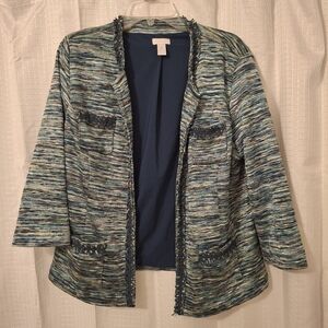 Chico's Open-front Fringe Trim Knit Blazer Jacket, Size 2 (Large).